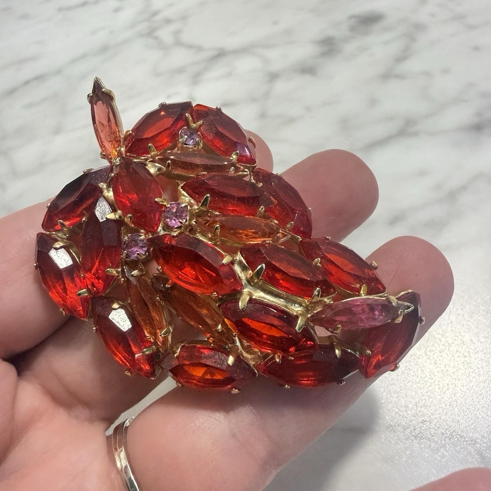 Vintage Rhinestone Brooch Red Pink Open Back Navette Prong Set Gold Tone 2.5"